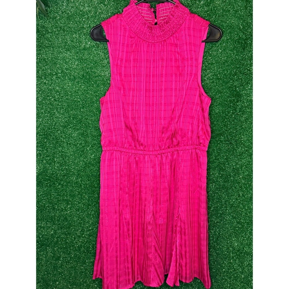 Nine West M Hot Pink Metallic Smocked High Neck Mini Dress
